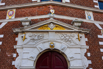 Obraz premium Monumental Statenlogement beautiful historic building from Dutch renaissance period; was built in 1613 with double stepped gables. Hoorn, the Netherlands.