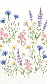 Watercolor wildflowers, cornflowers, daisies, lavender, pink blossoms