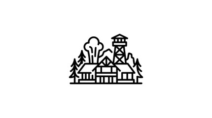 Naklejka premium A simple line icon of a cabin located in the forest