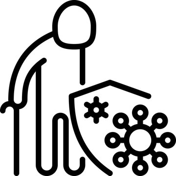 Virus protection for elderly person: old person is protected by shield, bacterias can't attack him. Immune system, vaccination, antibiotics. Thin line icon. Modern vector illustration.