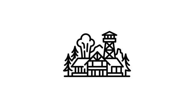 A simple line icon of a cabin located in the forest