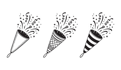 Elegant party poppers with decorative patterns shooting confetti stars and streamers for festivities. © Mohammad