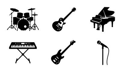 Musical Instruments Icons: Drums, Guitars, Piano, Keyboard, Microphone Set © Image World