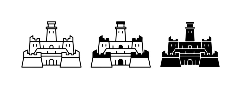 Fortress Icons, Castle Symbols, Military Architecture Vector Set