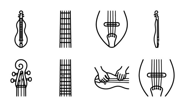 Dulcimer Icons, Musical Instrument Line Art, Folk Music Stringed Guitar Graphics