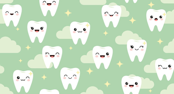 Kawaii white teeth pattern on a soft green background with clouds and stars for pediatric dentistry and dental hygiene designs.
