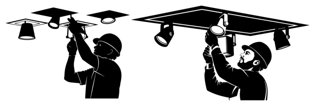 Electricians installing ceiling spotlights silhouette, professional contractors fixing interior lighting system vector illustration
