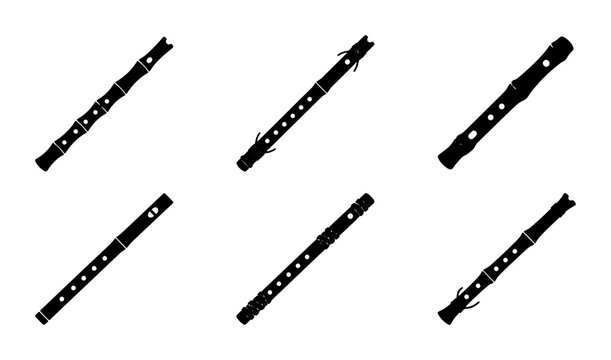 Six Black Recorder Flutes, Woodwind Instruments, Musical Education Icons, Vector Set