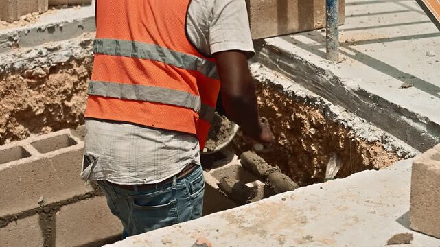 Construction worker pouring mortar into foundation trench