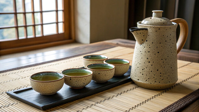 Traditional japanese tea set with ceramic teapot and cups on bamboo mat