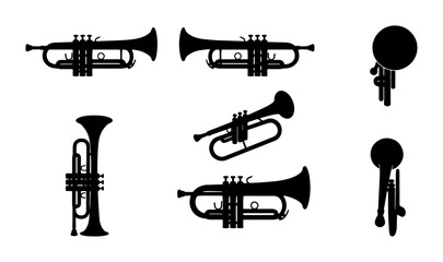 Vector Trumpet Silhouettes, Brass Instrument Icons, Musical Performance Symbols, Jazz Band Elements © Image World
