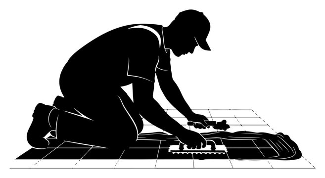 Tiler installing floor tiles with notched trowel silhouette, professional flooring renovation and construction service vector