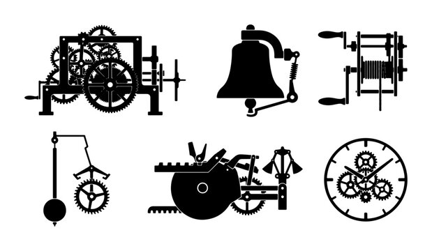 Vintage Clockwork Mechanisms, Gears, Bell, and Pendulum Vector Icons Set