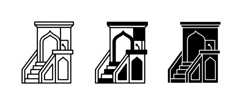 Islamic Minbar, Mosque Pulpit Icons, Religious Speech Vector Set