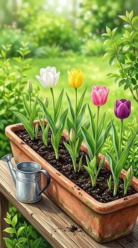 White, yellow, pink, and purple tulips in a rectangular clay planter