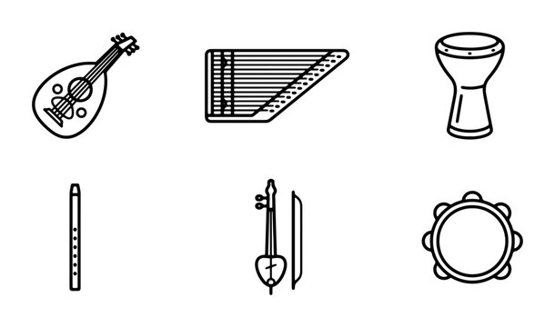 Middle Eastern Musical Instruments, Traditional Oud, Qanun, Darbuka Icons