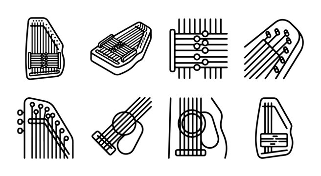 String Instrument Icons: Harp, Lyre, Guitar Details, Musical Elements