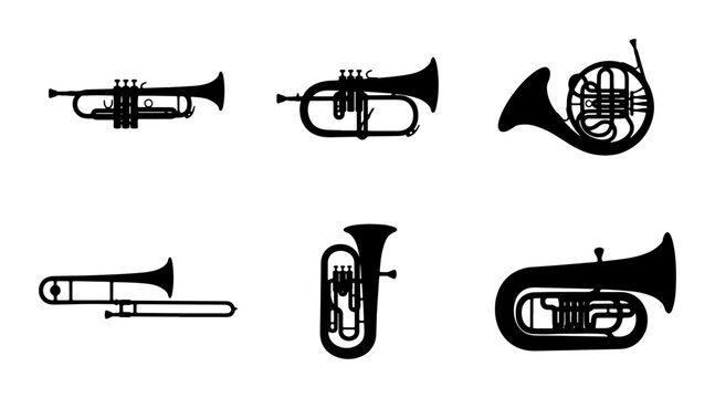 Brass Instruments Vector Icons, Orchestra Wind Music Symbols, Musical Ensemble Collection