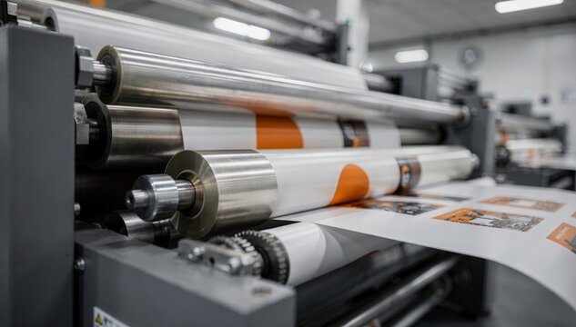 Closeup medium shot of flexographic printing units laying down precise onecolor logos on packaging materials in an industrial setting.