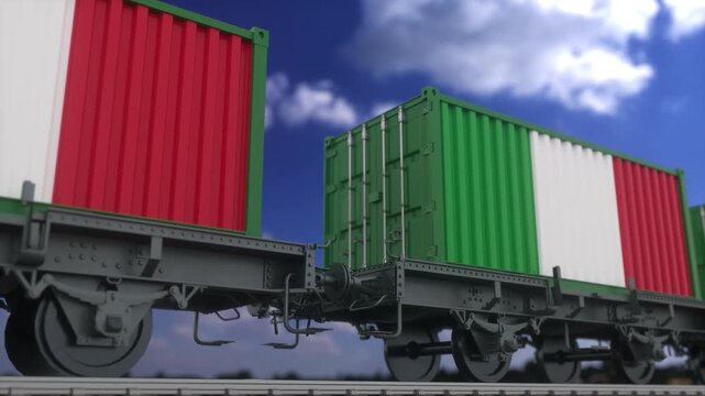 Italian cargo containers moving on freight train animation video footage