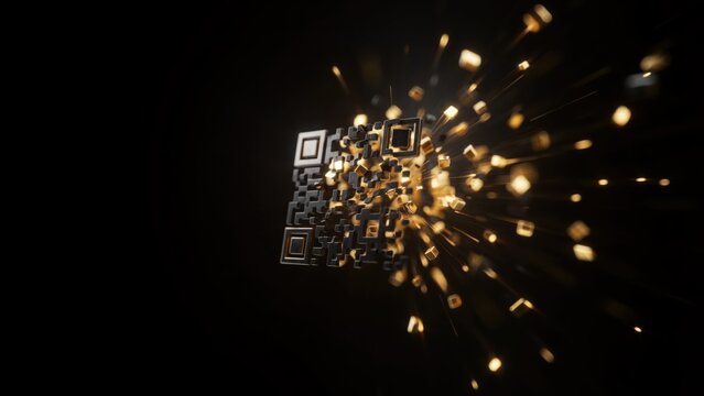 Exploding golden QR code fragmenting into pieces against a black background
