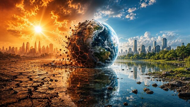 Global Warming and Sustainable Future Concept with Split Earth Between Drought and Green City