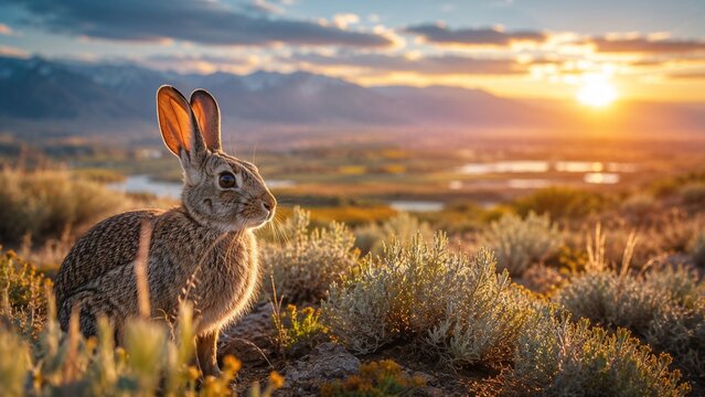 Wild Rabbit at Golden Sunset in Mountain Landscape with Scenic Nature Background
