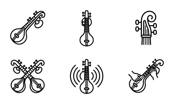 Indian Sitar Music Icons, String Instrument Vector Graphics, Cultural Melody Symbols