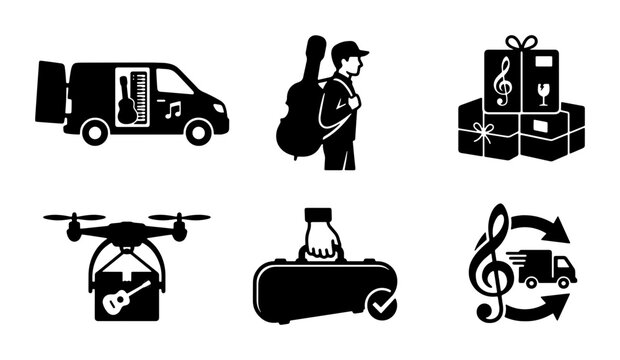 Music Delivery Service Icons: Guitar Transport, Drone Shipping, Package Logistics