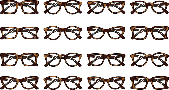 Tortoiseshell eyeglasses frames collection featuring various retro shapes like cat eye round and square vector illustration isolated on white background.