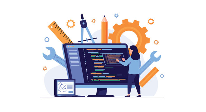 Professional developer writing programming code on a giant computer monitor surrounded by design and engineering tools.
