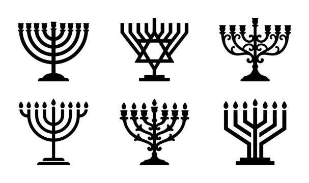 Hanukkah Menorah Icons Set, Jewish Holiday Candle Holders, Traditional Symbols