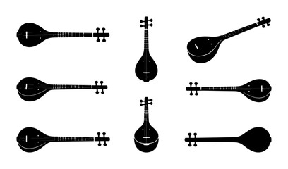 Fototapeta premium Set of Black Stringed Musical Instruments, Oud, Lute, Guitar Silhouettes