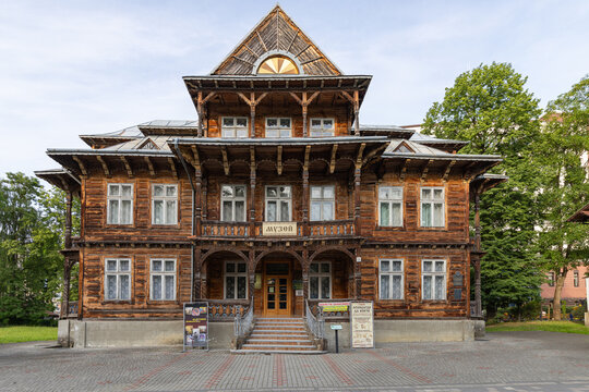Historic wooden villa Goplana housing Mykhailo Bilas art museum in Truskavets Ukraine