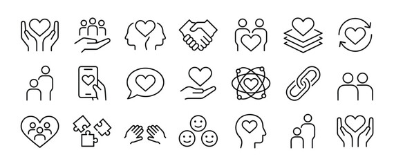Obraz premium Vector Icons of Human Connection and Care: A collection of simple line icons representing relationships, support, love, and community. emotional connection, kindness, empathy, teamwork, partnership.