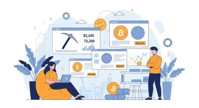 Financial blockchain developers trading various cryptocurrencies on digital screens with stock charts and analytics.
