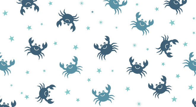Coastal seamless pattern with dark blue crabs and small light blue stars scattered across a crisp white background for a marine theme.