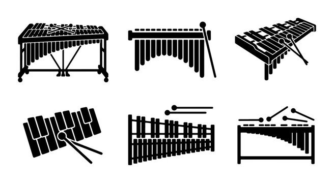 Percussion Instruments Vector Icons: Marimba, Xylophone, Vibraphone Sets