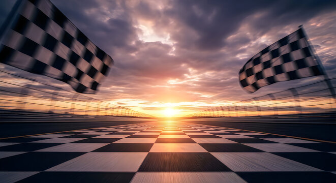 Checkered flags waving on a racing track at sunset with a cloudy sky