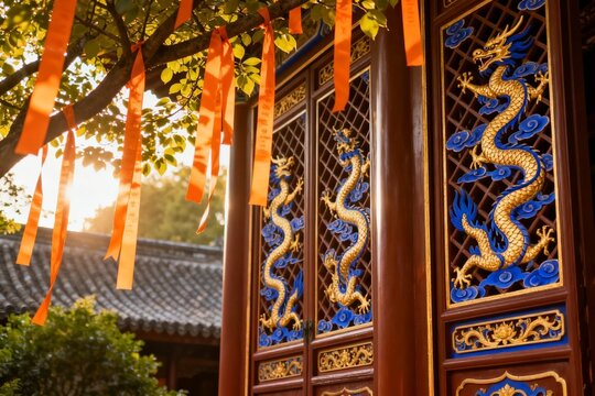 Chinese Temple Doors with Golden Dragon Motifs and Orange Prayer Ribbo