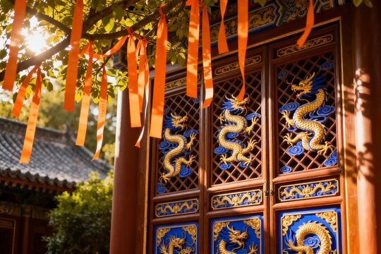 Chinese Temple Doors with Golden Dragons and Orange Ribbons