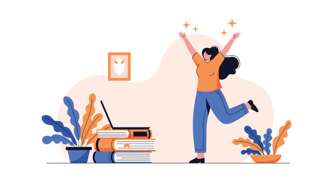 Cheerful college girl jumping in joy next to a stack of books and a laptop after passing her difficult examinations.