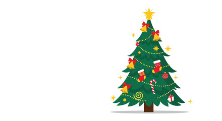 Obraz premium Decorated Christmas tree with a golden star on top festive bells red stockings and candy canes for holiday celebration.