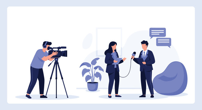 Female reporter interviewing a professional spokesperson while a skilled cameraman records them in the studio.