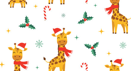Fototapeta premium Christmas giraffe seamless pattern with cute animals wearing santa hats and red scarves among holly and candy cane icons.