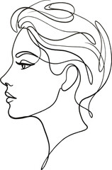 Fototapeta premium Beautiful woman face profile continuous line art vector illustration of a graceful female portrait with elegant messy hair for minimal beauty salon design