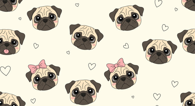 Cute pug dog seamless pattern with pugs wearing pink bows and floating hearts on a cream background for pet lovers designs.