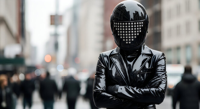 Person wearing shiny black helmet and jacket on city street with blurred background