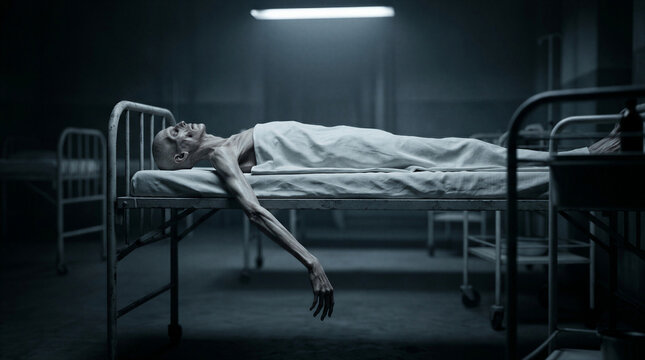 Cinematic shot of an emaciated patient lying on a metal hospital bed in a dark, abandoned ward