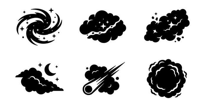 Cosmic black smoke cloud vector icon set, celestial dust and star explosion graphic elements, space nebula and comet trail illustrations for game design and animation